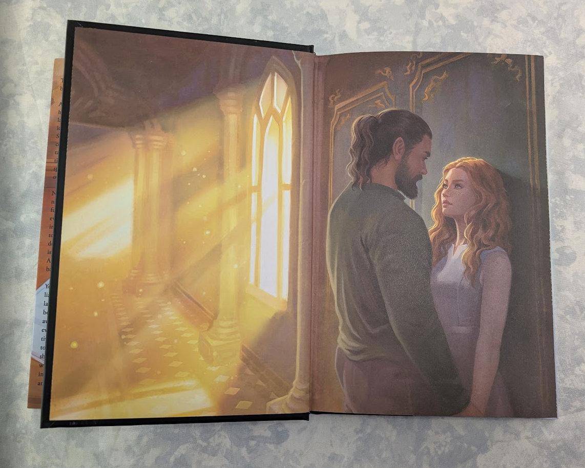 Endpapers in a hardcover book showing two illustrated characters in a warmly lit interior scene, photographed on a mottled light gray surface.